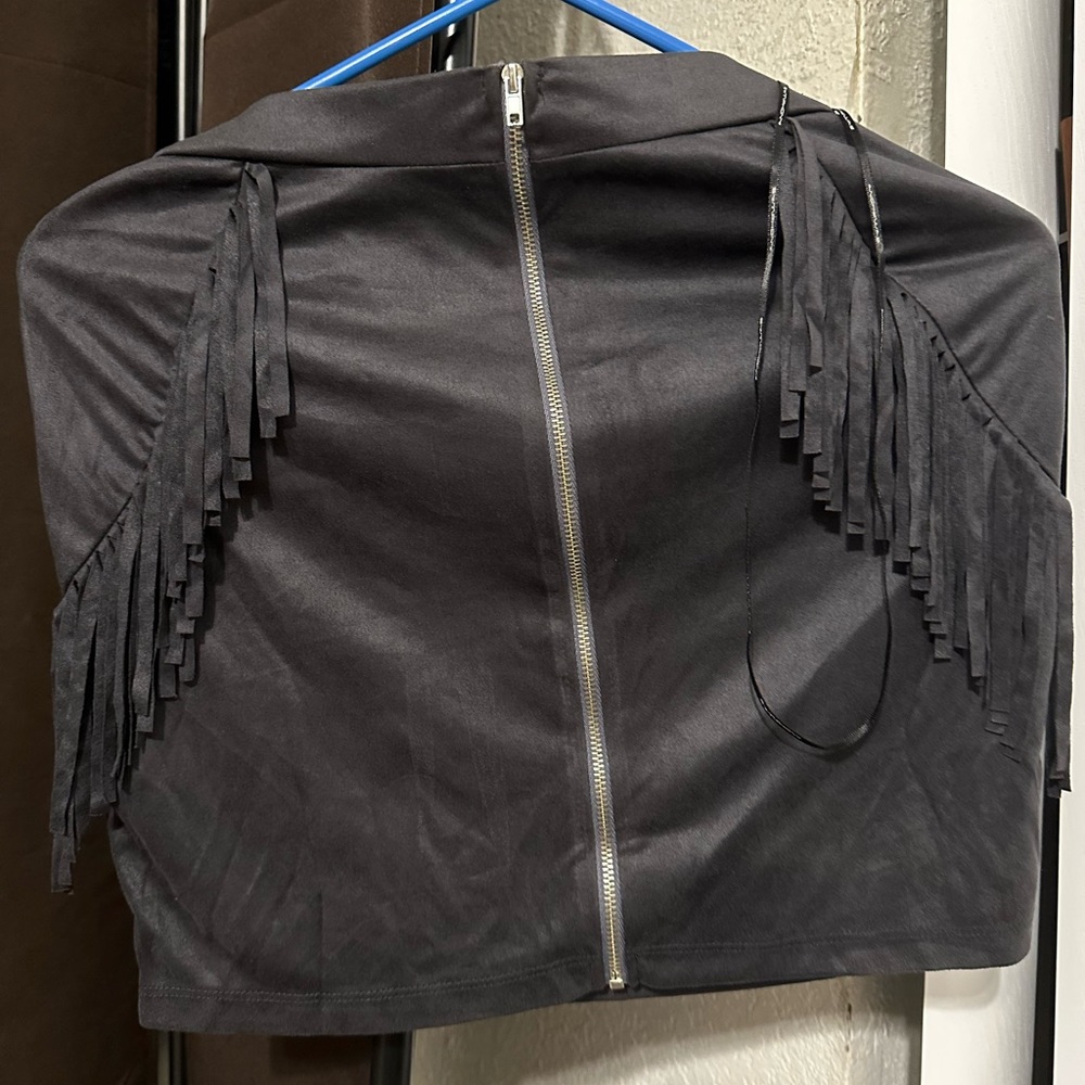 Fringe mini skirt in size small, faux suede fabric, brand new, black, wo…
